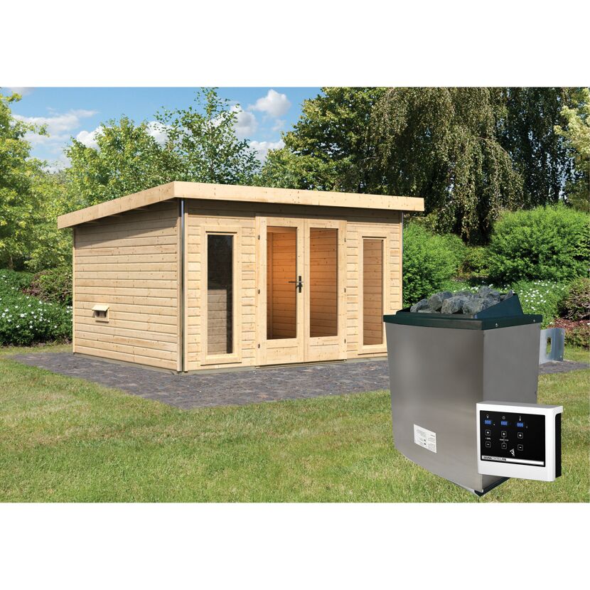 Saunahaus 'Francisco 2' B naturbelassen 9 kW Ofen externe Steuerung 369 x 309 x 229 cm