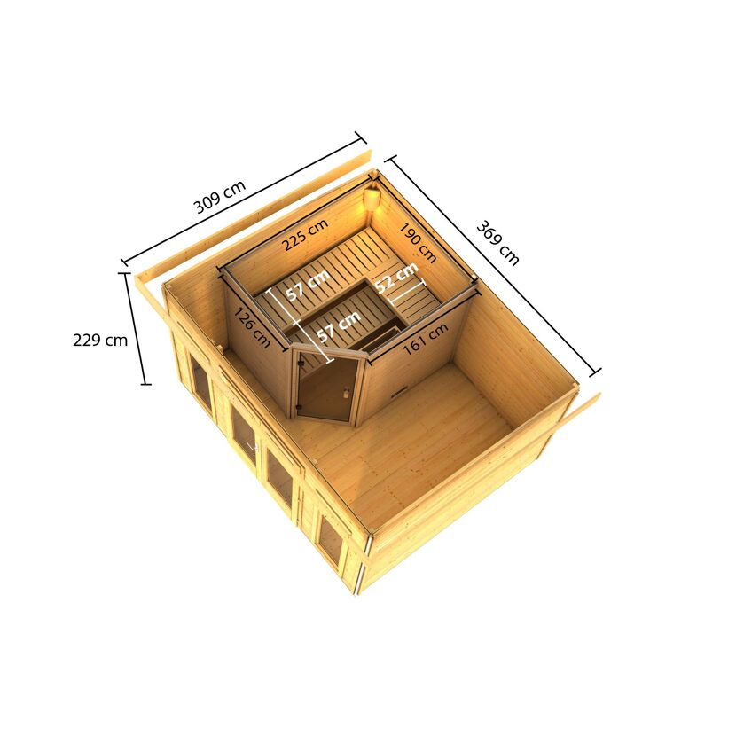 Saunahaus 'Francisco 2' B naturbelassen 9 kW Bio-Ofen externe Steuerung 369 x 309 x 229 cm