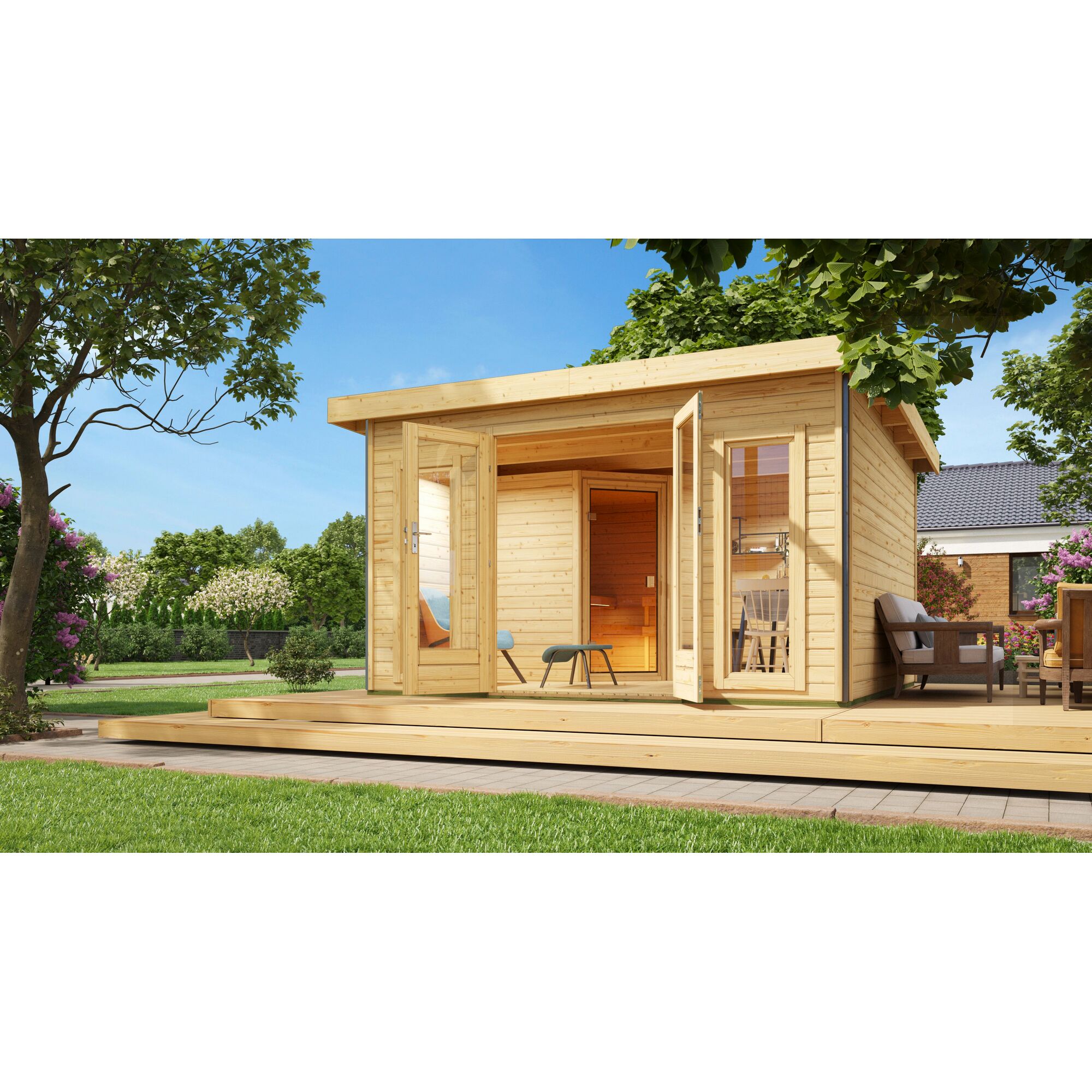 Gartenhaus Francisco mit offener Tür und Terrasse