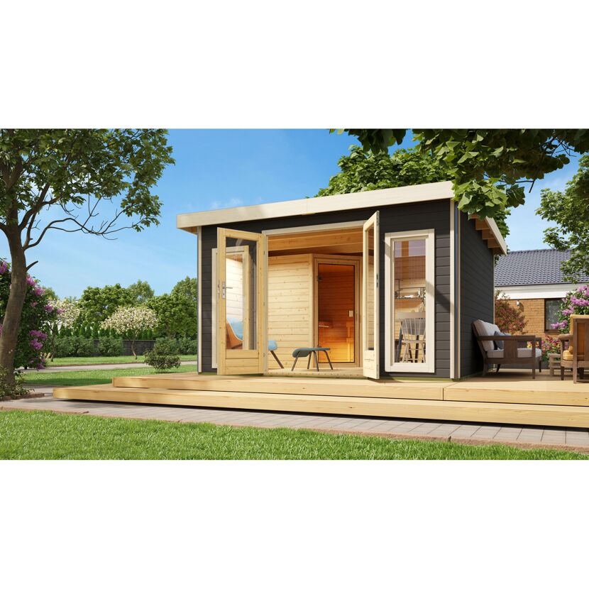 Saunahaus 'Francisco 3' A terragrau 9 kW Ofen externe Steuerung 369 x 369 x 229 cm