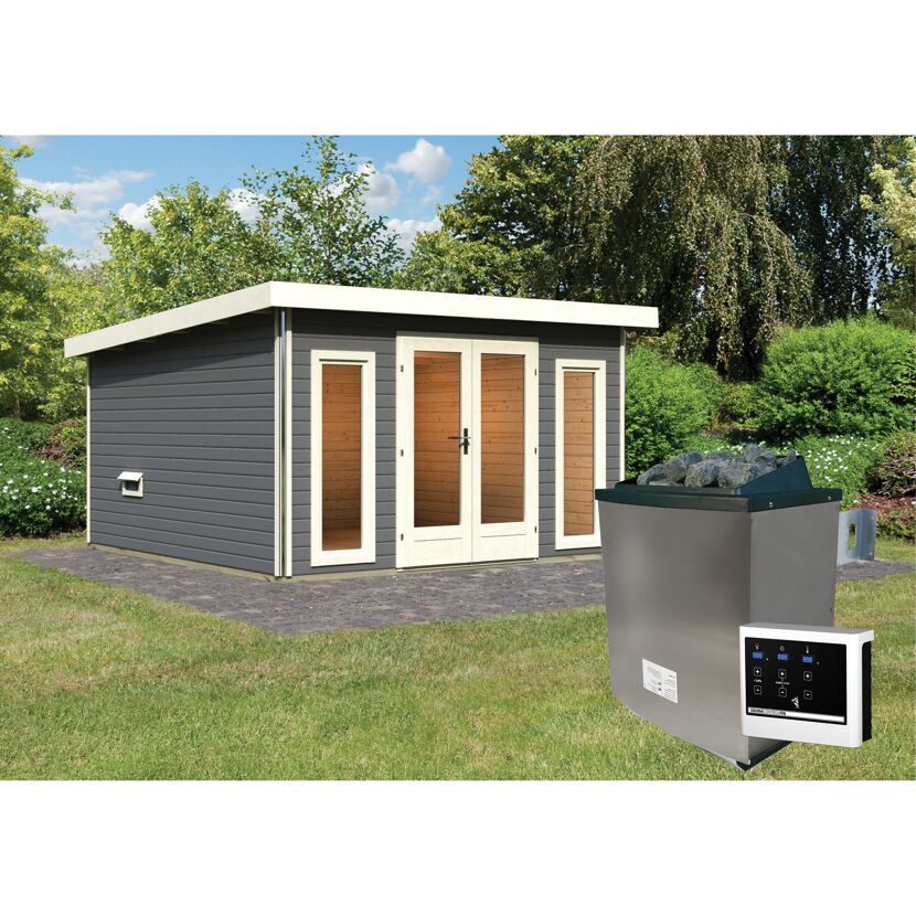 Saunahaus 'Francisco 3' A terragrau 9 kW Ofen externe Steuerung 369 x 369 x 229 cm