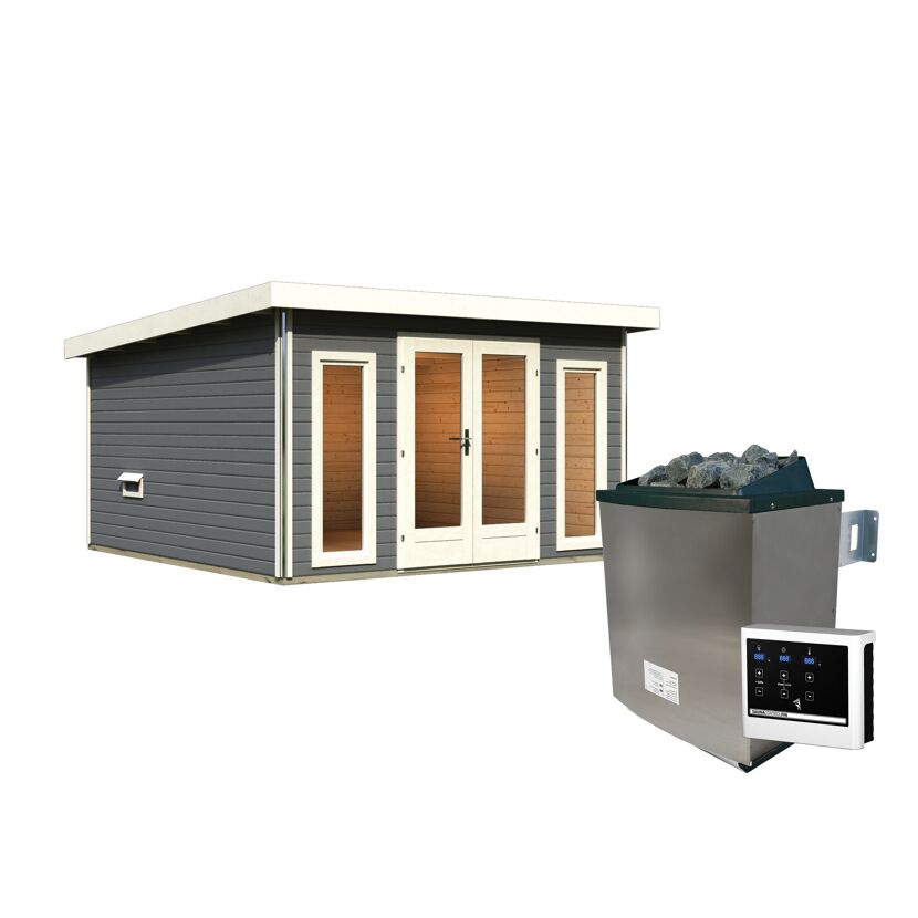Saunahaus 'Francisco 3' A terragrau 9 kW Ofen externe Steuerung 369 x 369 x 229 cm