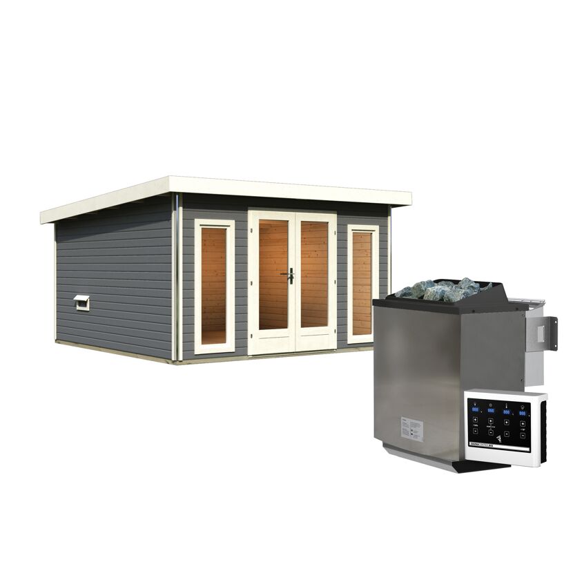 Saunahaus 'Francisco 3' A terragrau 9 kW Bio-Ofen externe Steuerung 369 x 369 x 229 cm