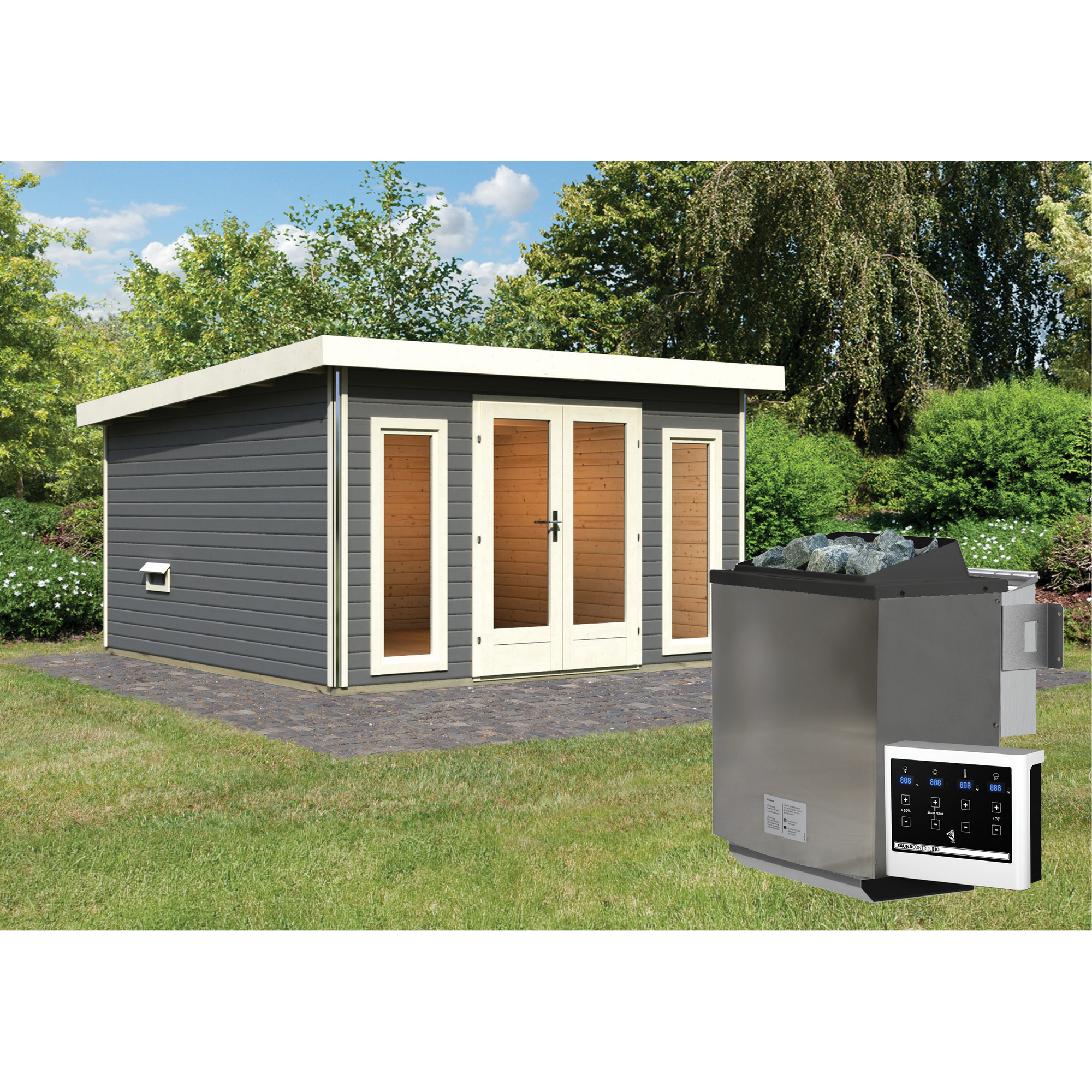 Saunahaus 'Francisco 3' B terragrau 9 kW Bio-Ofen externe Steuerung 369 x 369 x 229 cm + product picture