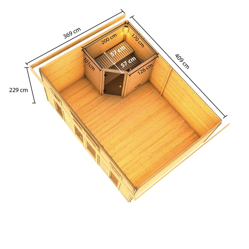 Skizze einer Sauna mit Maßen