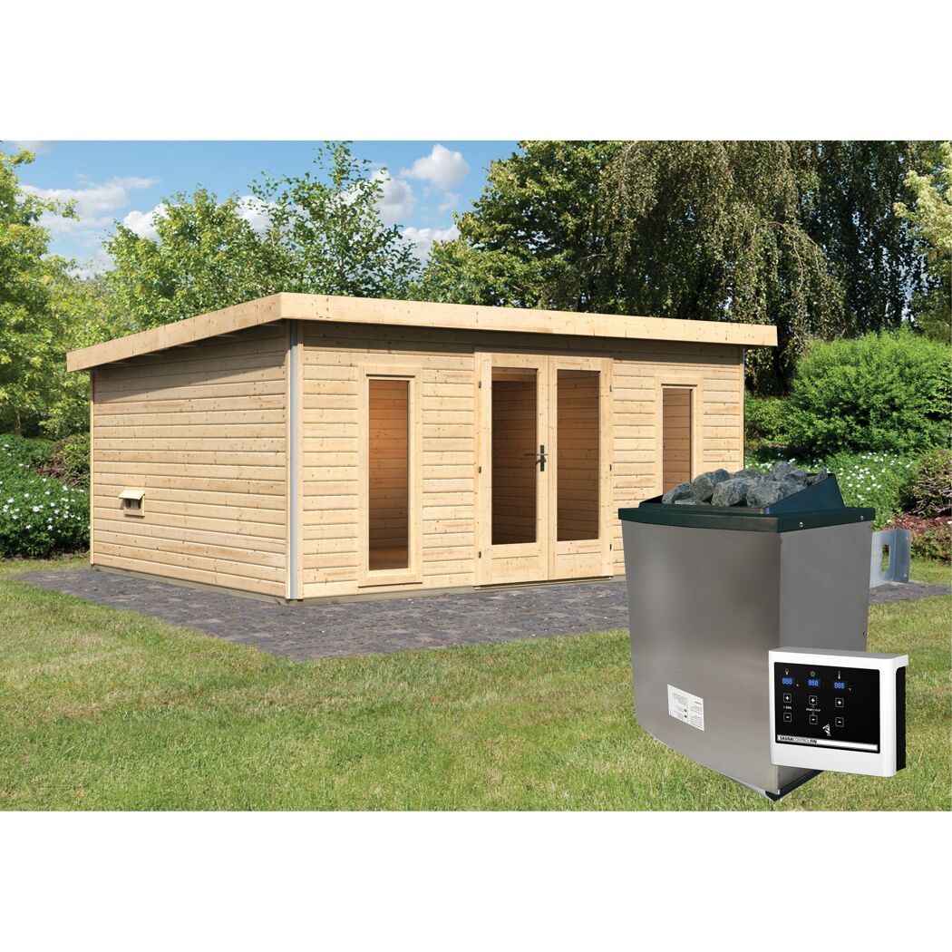 Saunahaus 'Francisco 4' B naturbelassen 9 kW Ofen externe Steuerung 490 x 369 x 229 cm