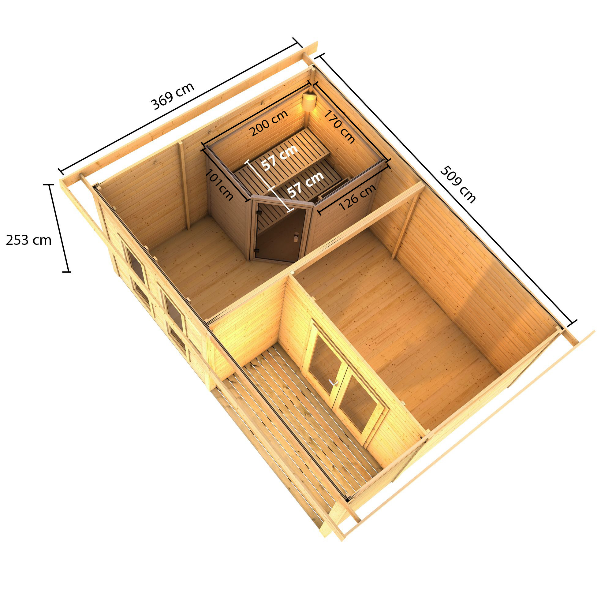 Saunahaus 'Francisco 5' A naturbelassen 9 kW Ofen externeSteuerung 509 x 369 x 253 cm + product picture