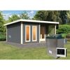 Graue Sauna im Garten mit Saunaofen