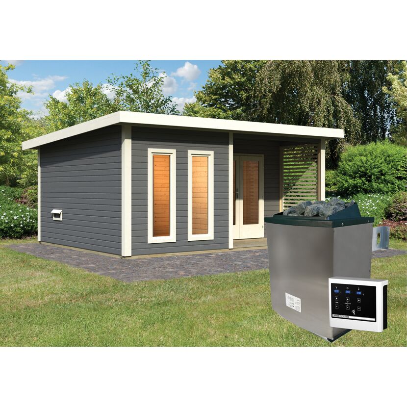 Graue Sauna im Garten mit Saunaofen