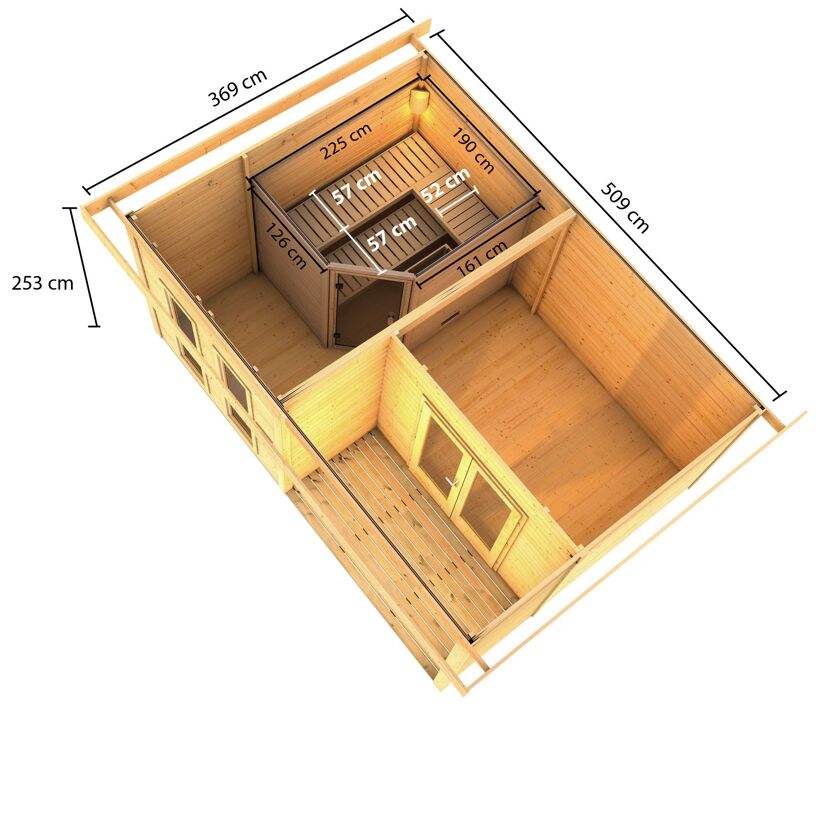 Abmessungen eines Gartenhauses mit Sauna und Vordach.