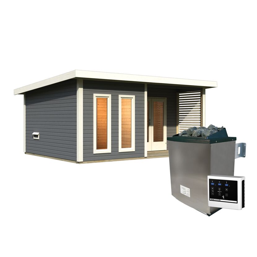 Graue Sauna mit Saunaofen und Steuerung