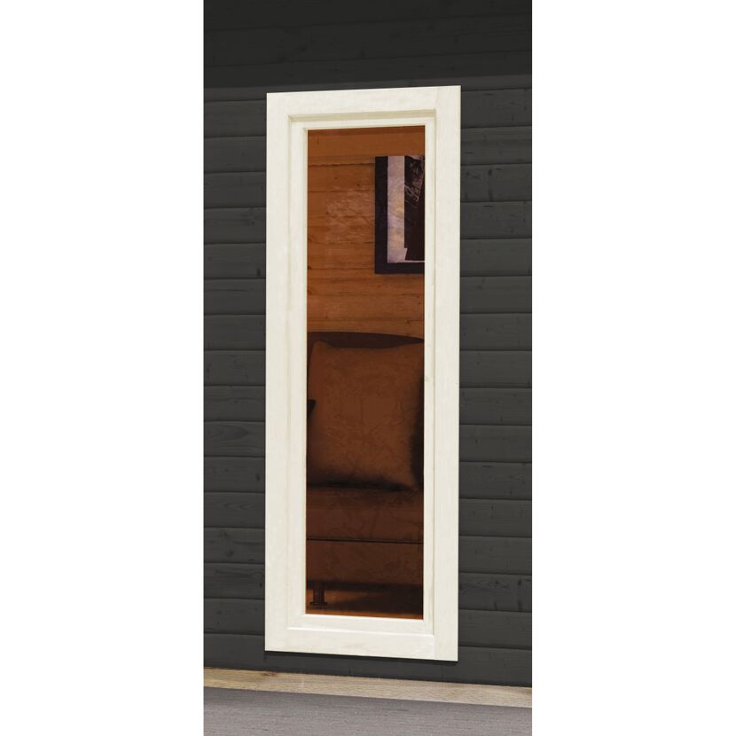 Blick durch ein Fenster in eine Sauna