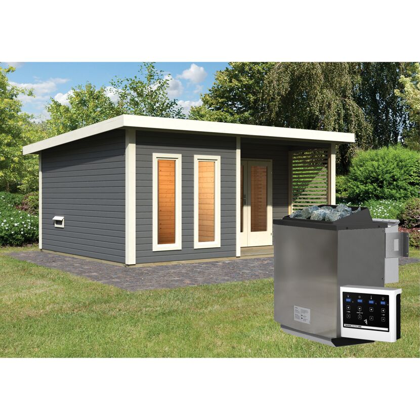 Saunahaus 'Francisco 5' B terragrau 9 kW Bio-Ofen externe Steuerung 509 x 369 x 253 cm