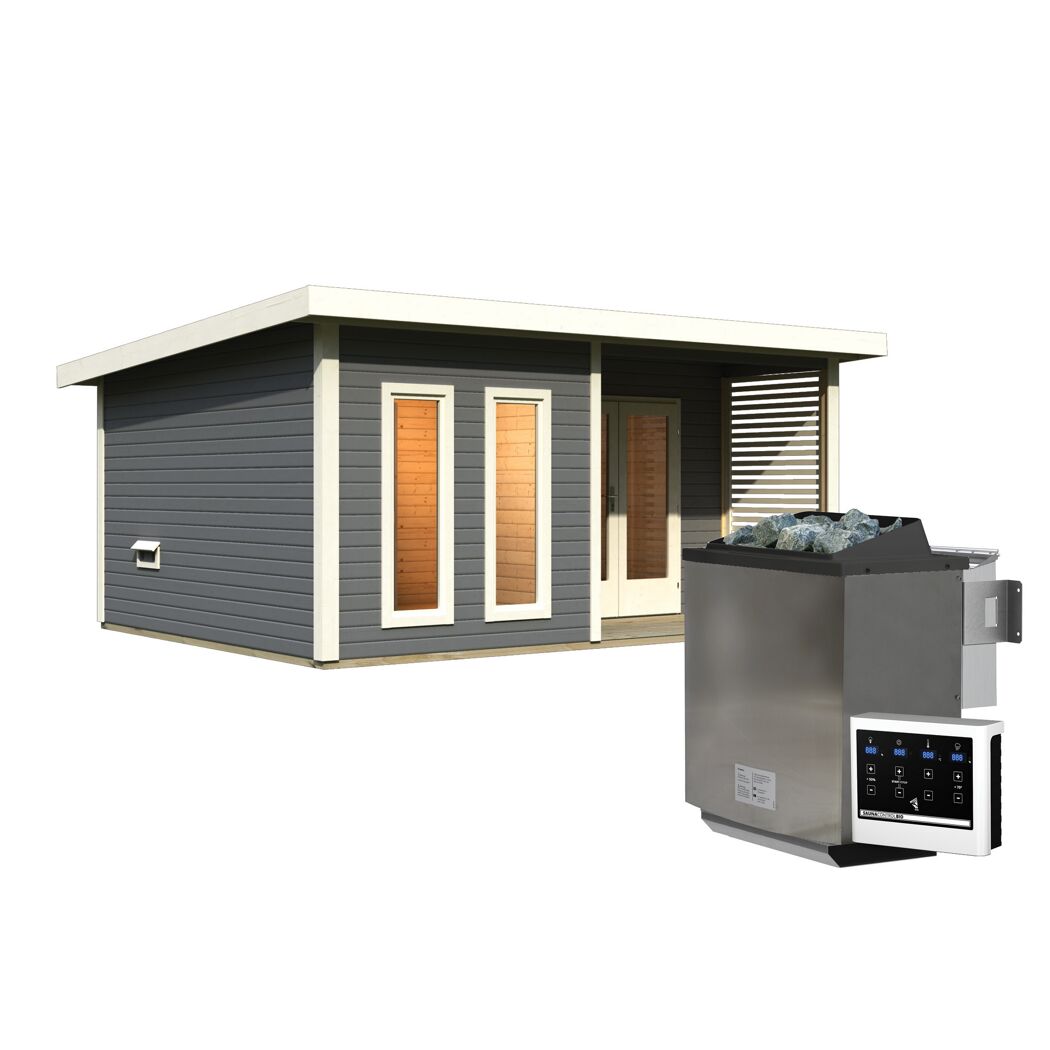Saunahaus 'Francisco 5' B terragrau 9 kW Bio-Ofen externe Steuerung 509 x 369 x 253 cm