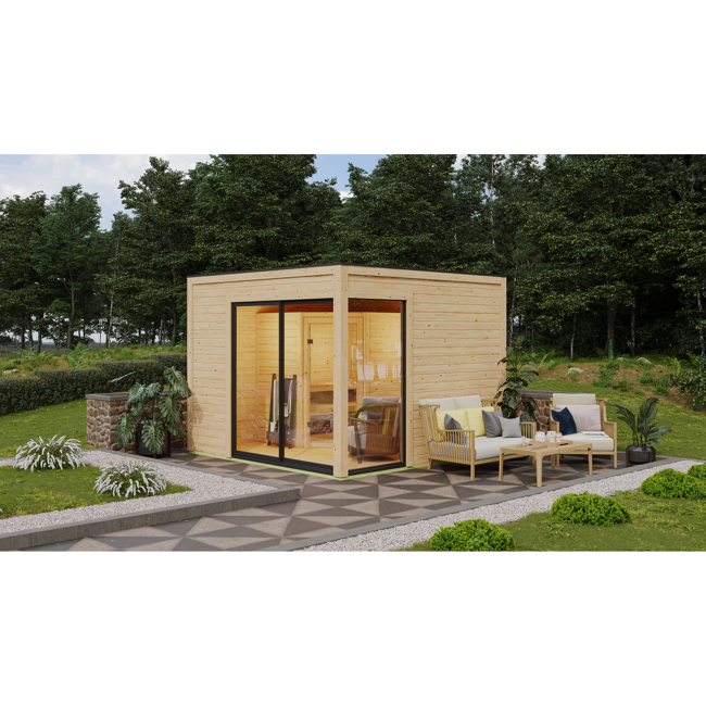 Bild von Gartenhaus mit Sauna 'Enrique 1 Variante A' naturbelassen 308 x 308 x 242 cm