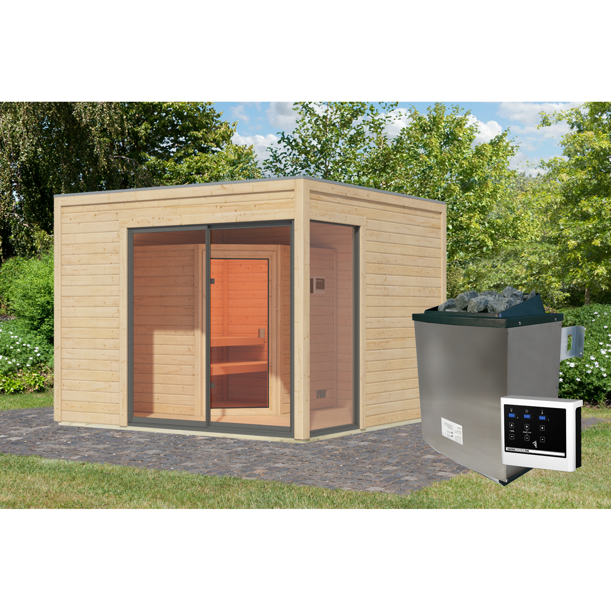 Gartenhaus mit Sauna 'Enrique 1 Variante A' naturbelassen 9 kW Ofen externe Steuerung 308 x 308 x 242 cm + product picture