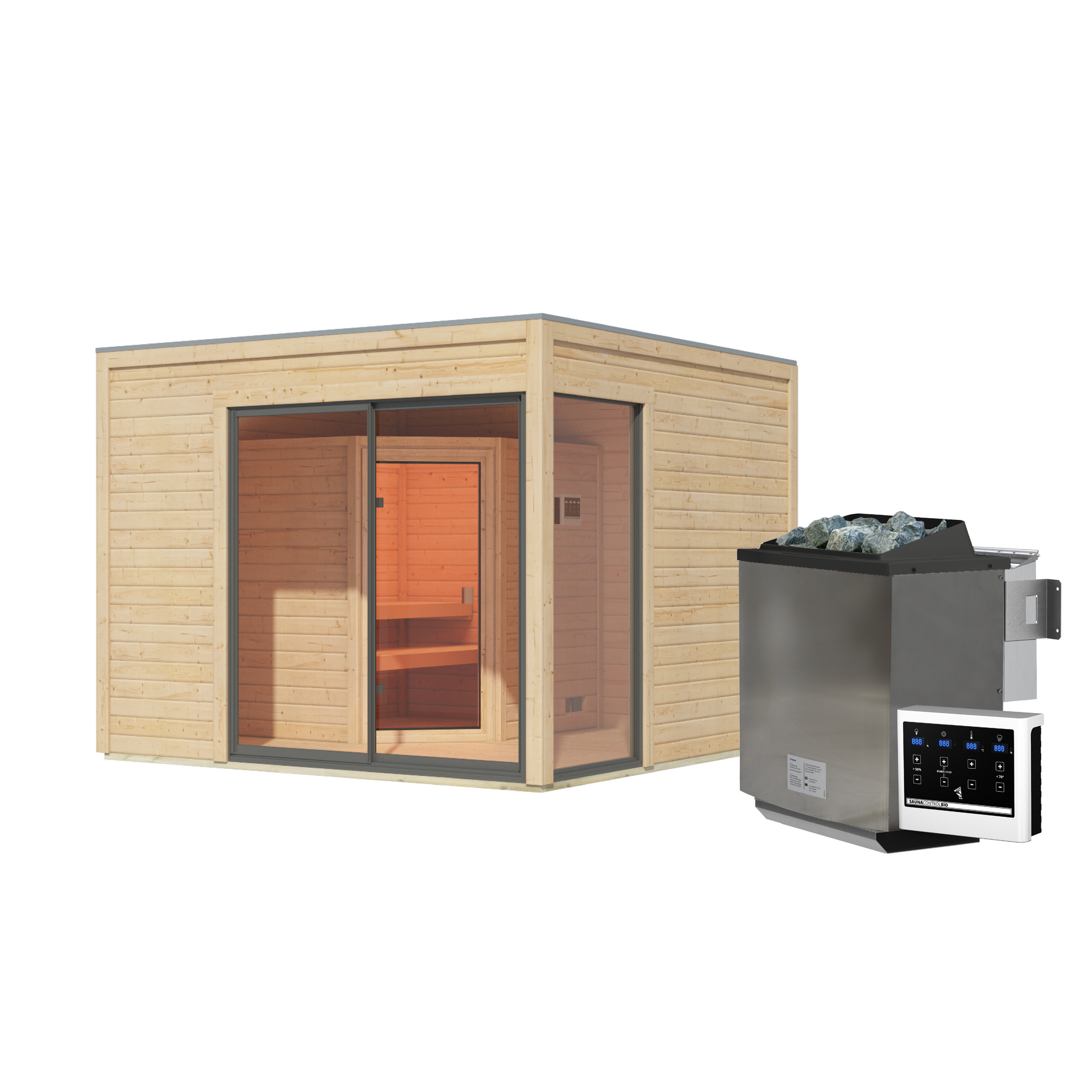Gartenhaus mit Sauna 'Enrique 1 Variante A' naturbelassen 9 kW Bio-Ofen externe Steuerung 308 x 308 x 242 cm + product picture
