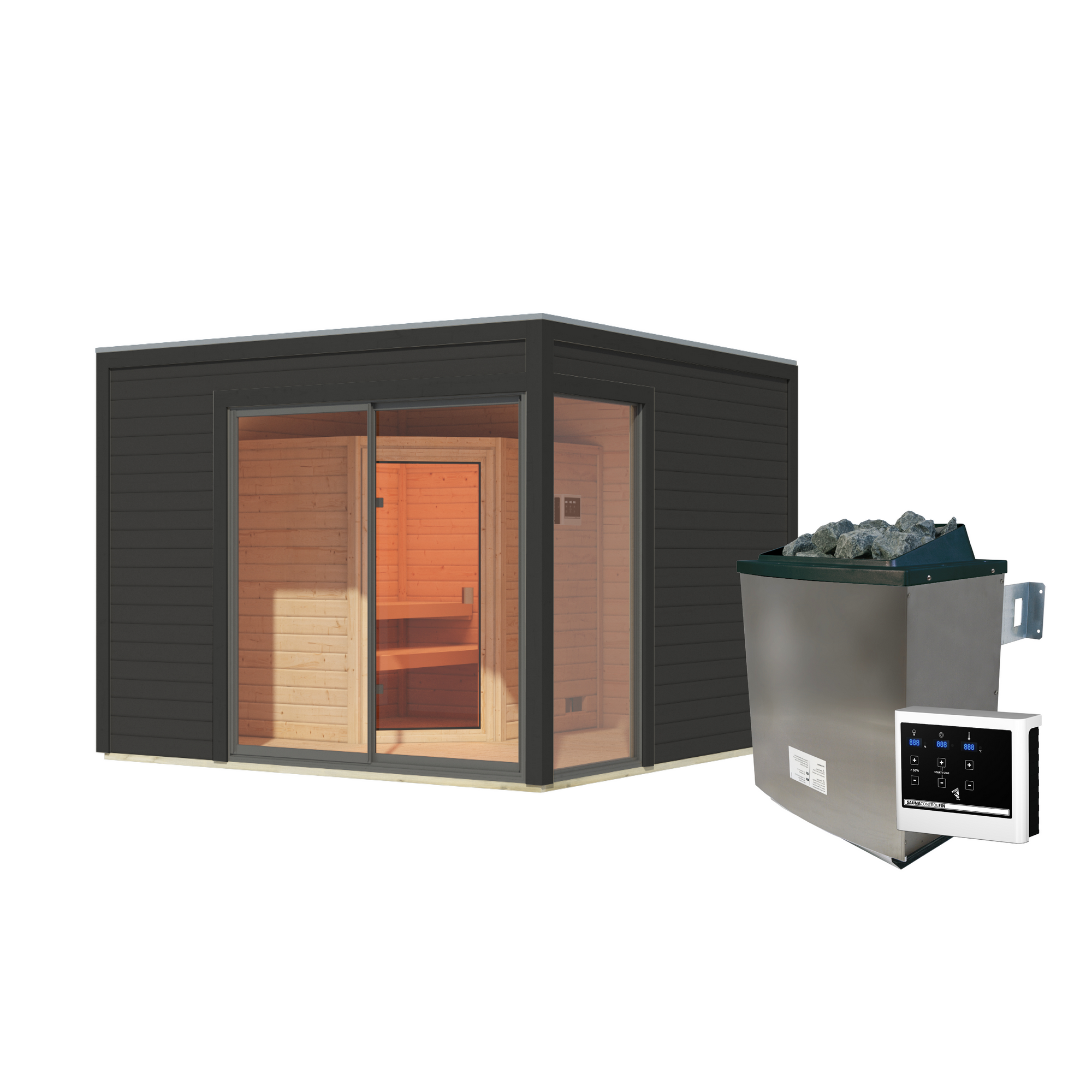 Gartenhaus mit Sauna 'Enrique 1 Variante A' anthrazit 9 kW Ofen externe Steuerung 308 x 308 x 242 cm + product picture