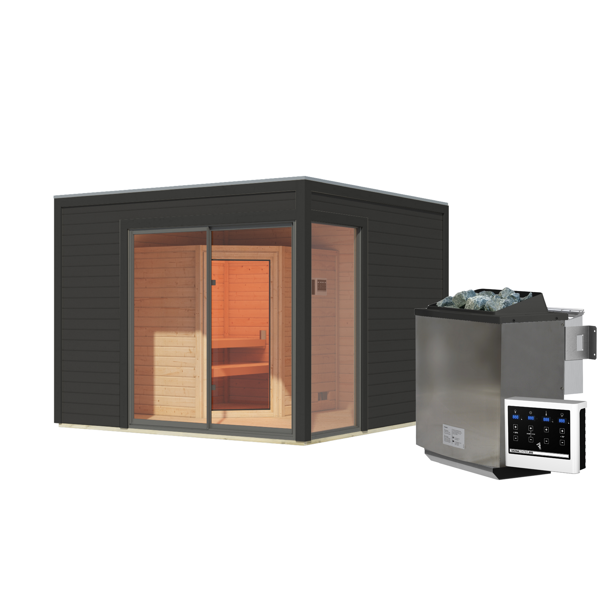 Gartenhaus mit Sauna 'Enrique 1 Variante A' anthrazit 9 kW Bio-Ofen externe Steuerung 308 x 308 x 242 cm + product picture