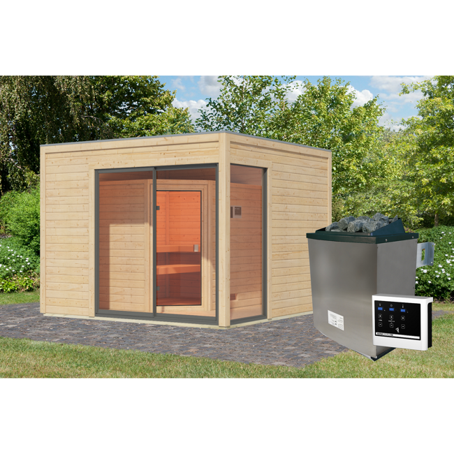 Bild von Gartenhaus mit Sauna 'Enrique 1 Variante B' naturbelassen 9 kW Ofen externe Steuerung 308 x 308 x 242 cm