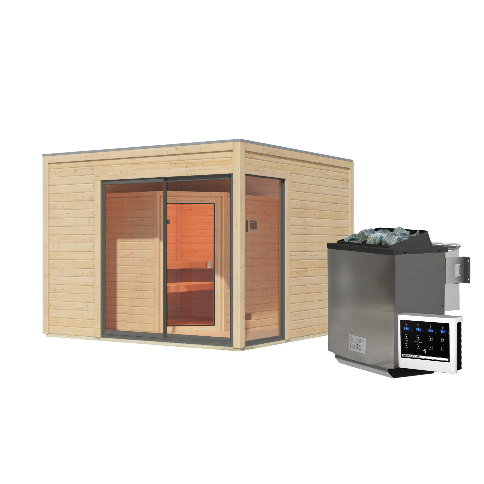 Gartenhaus mit Sauna 'Enrique 1 Variante B' naturbelassen 9 kW Bio-Ofen externe Steuerung 308 x 308 x 242 cm + product picture