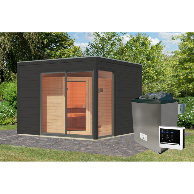 Bild von Gartenhaus mit Sauna 'Enrique 1 Variante B' anthrazit 9 kW Ofen externe Steuerung 308 x 308 x 242 cm
