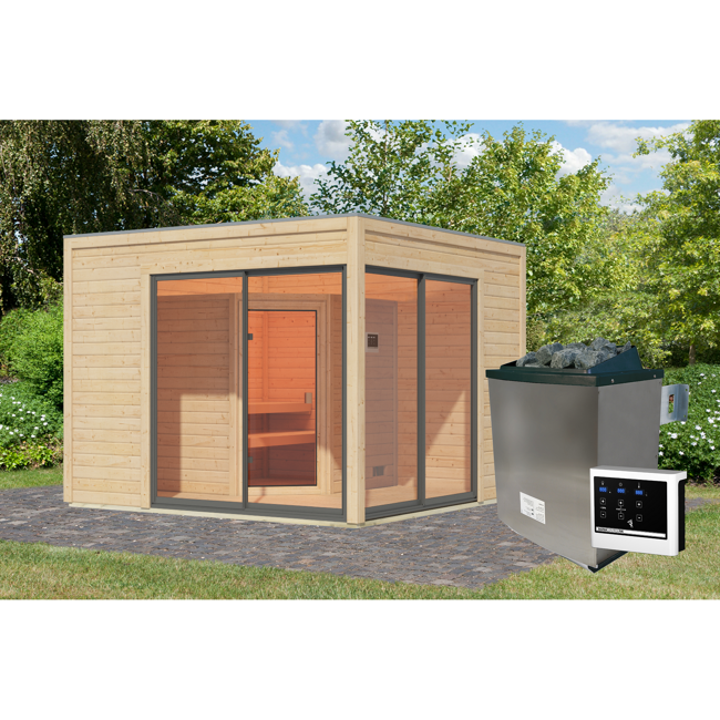 Bild von Saunahaus 'Enrique 3 Variante A' naturbelassen 9 kW Ofen externe Steuerung 308 x 308 x 242 cm