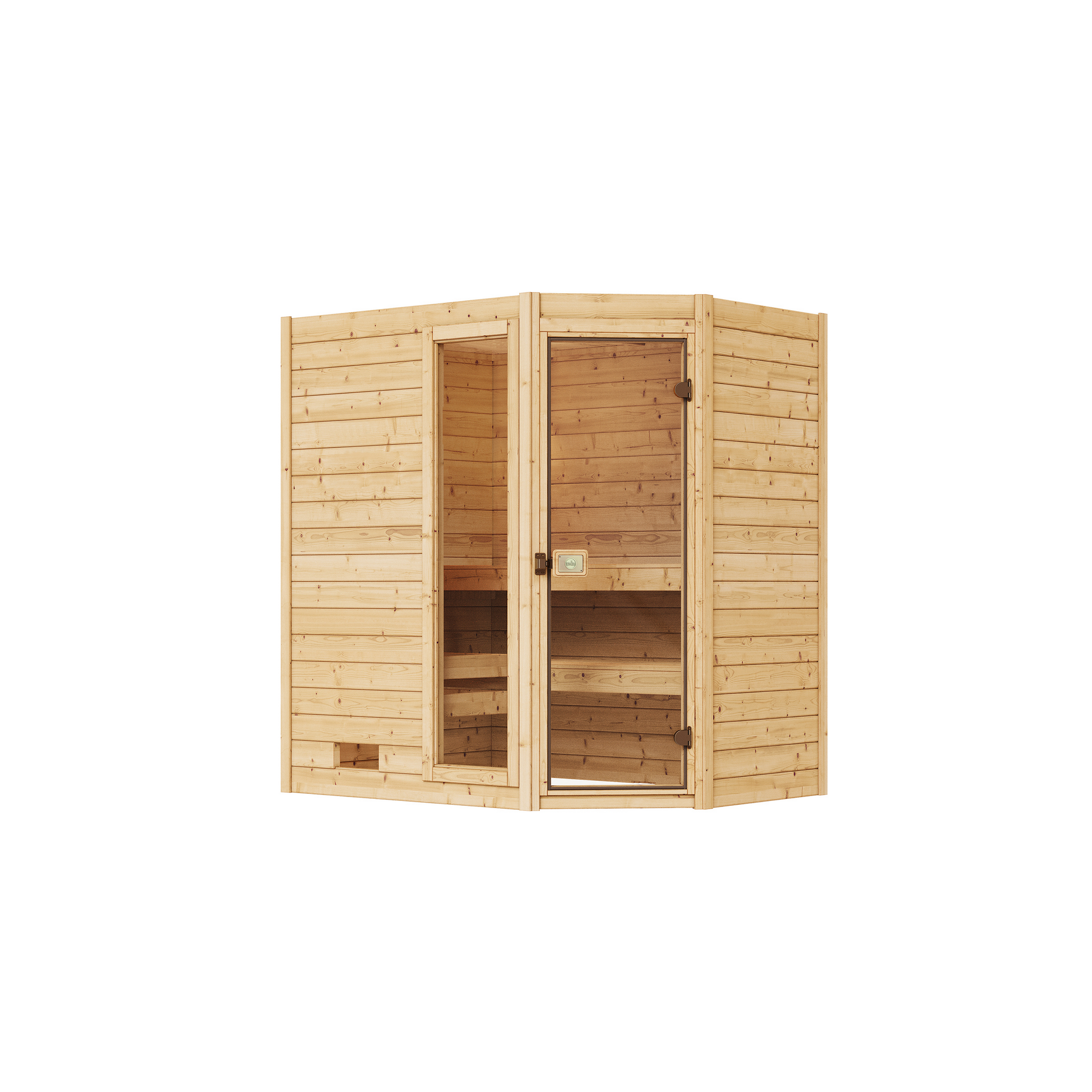 Massivholzsauna 'Valida Eck' natur Glastür 189 x 139 x 203,5 cm, ohne Ofen