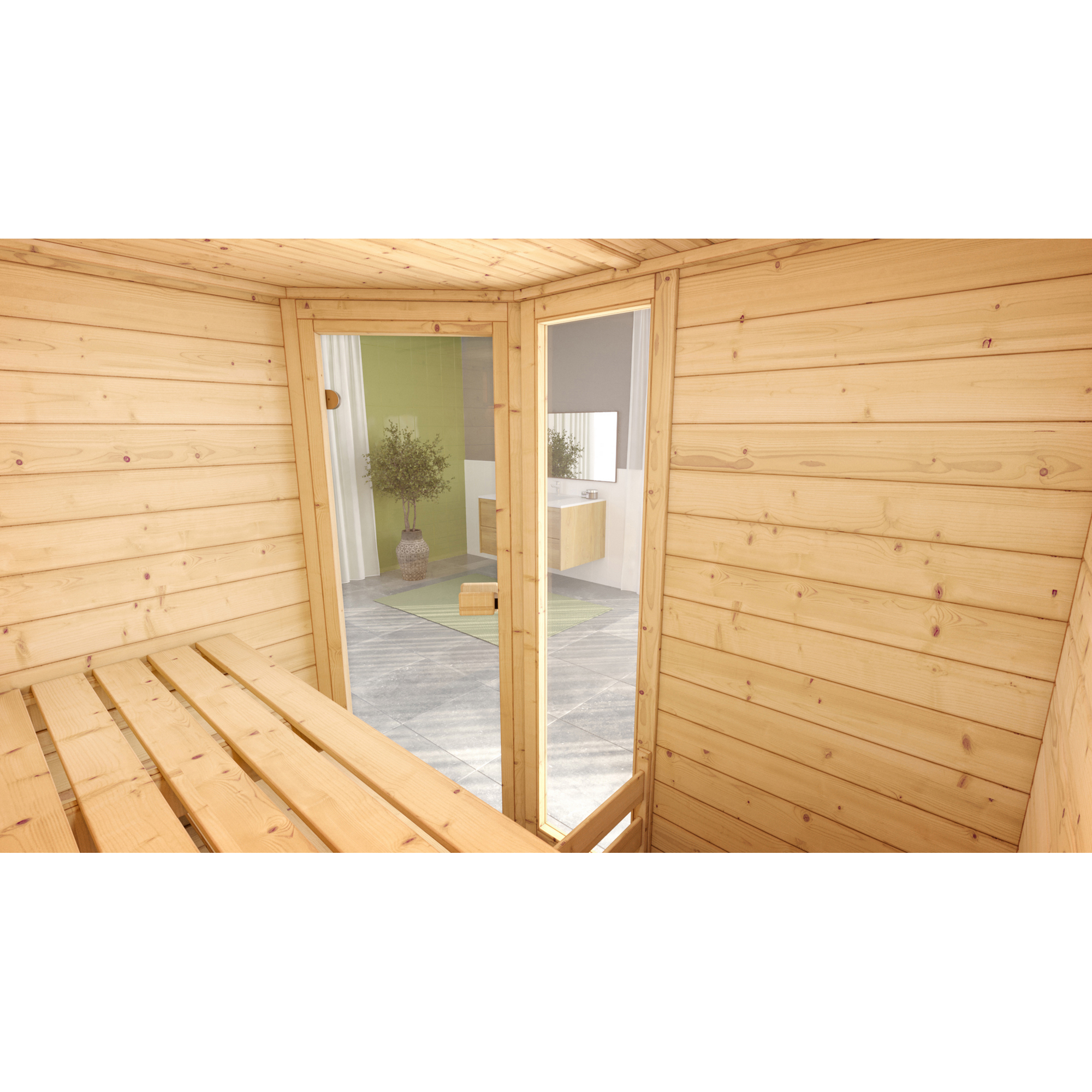 Massivholzsauna 'Valida Eck' natur Glastür 189 x 139 x 203,5 cm, ohne Ofen