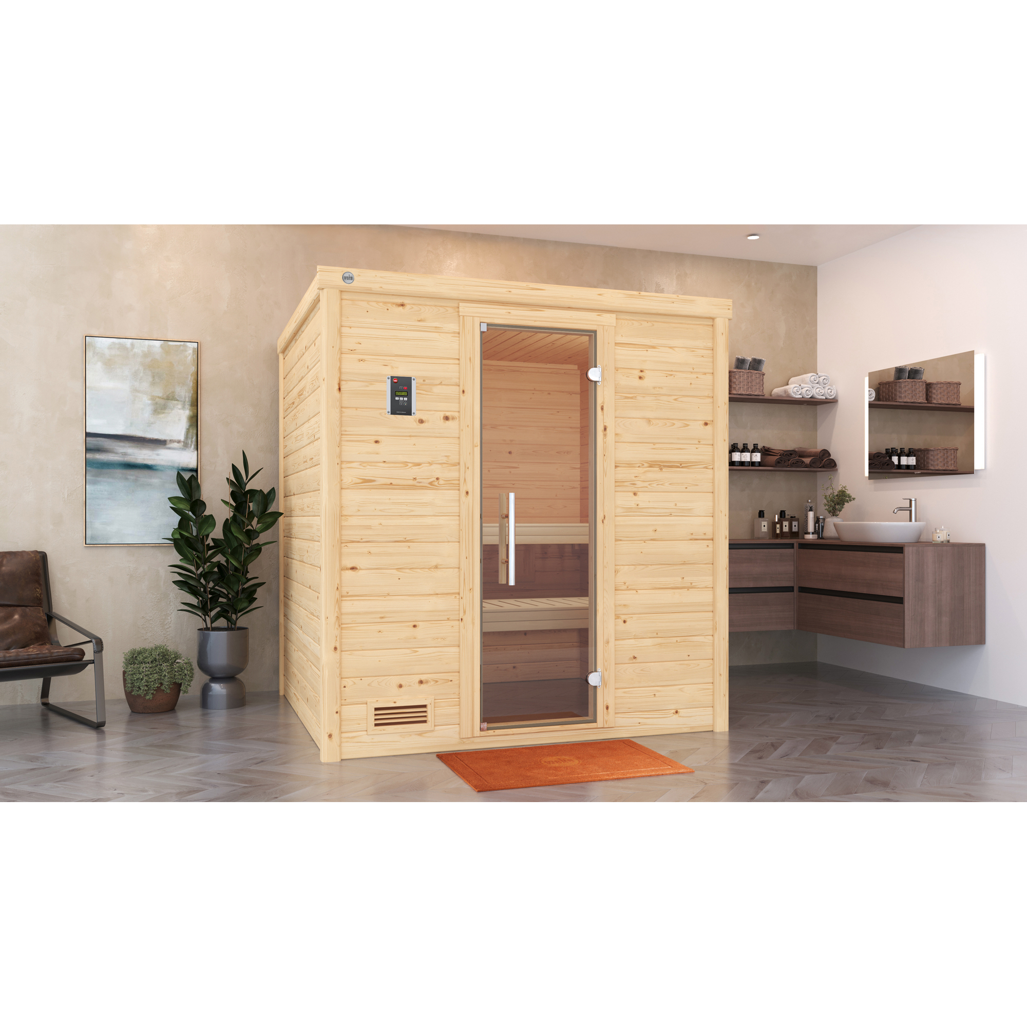 Premium-Massivholzsauna 'Bergen 2' natur Glastür 198 x 198 x 205 cm, ohne Ofen