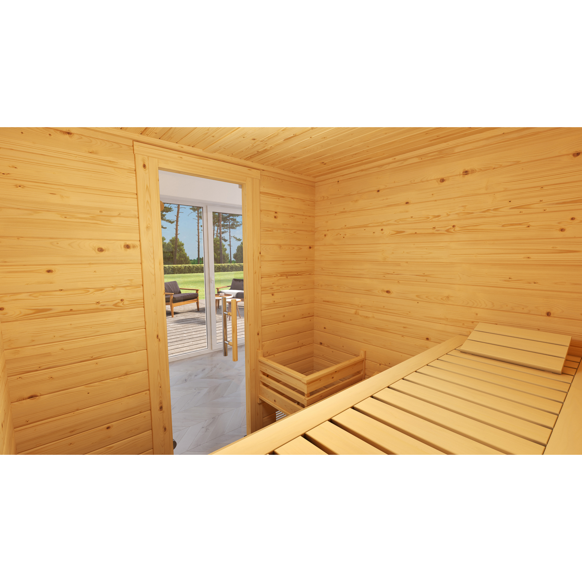 Premium-Massivholzsauna 'Bergen 2' natur Glastür 198 x 198 x 205 cm, ohne Ofen