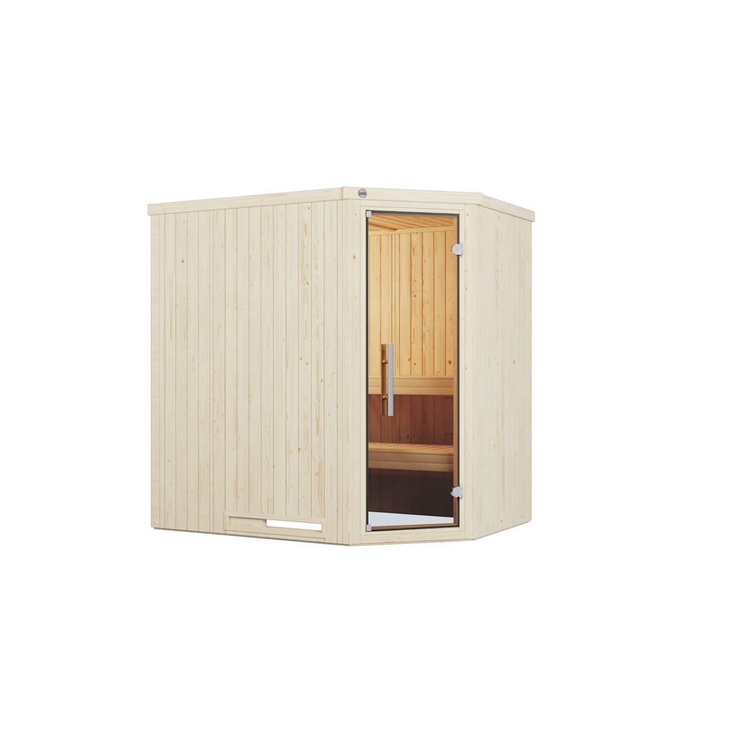 Elementsauna 'Varberg 1 Eck' weiß lasiert Glastür 194 x 144 x 199 cm, ohne Ofen