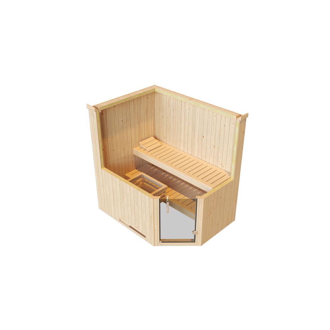 Elementsauna 'Varberg 1 Eck' weiß lasiert Glastür 194 x 144 x 199 cm, ohne Ofen