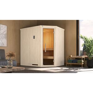Elementsauna 'Varberg 1 Eck' weiß lasiert 7,5 kW BioS-Ofen mit Steuerung Glastür 194 x 144 x 199 cm