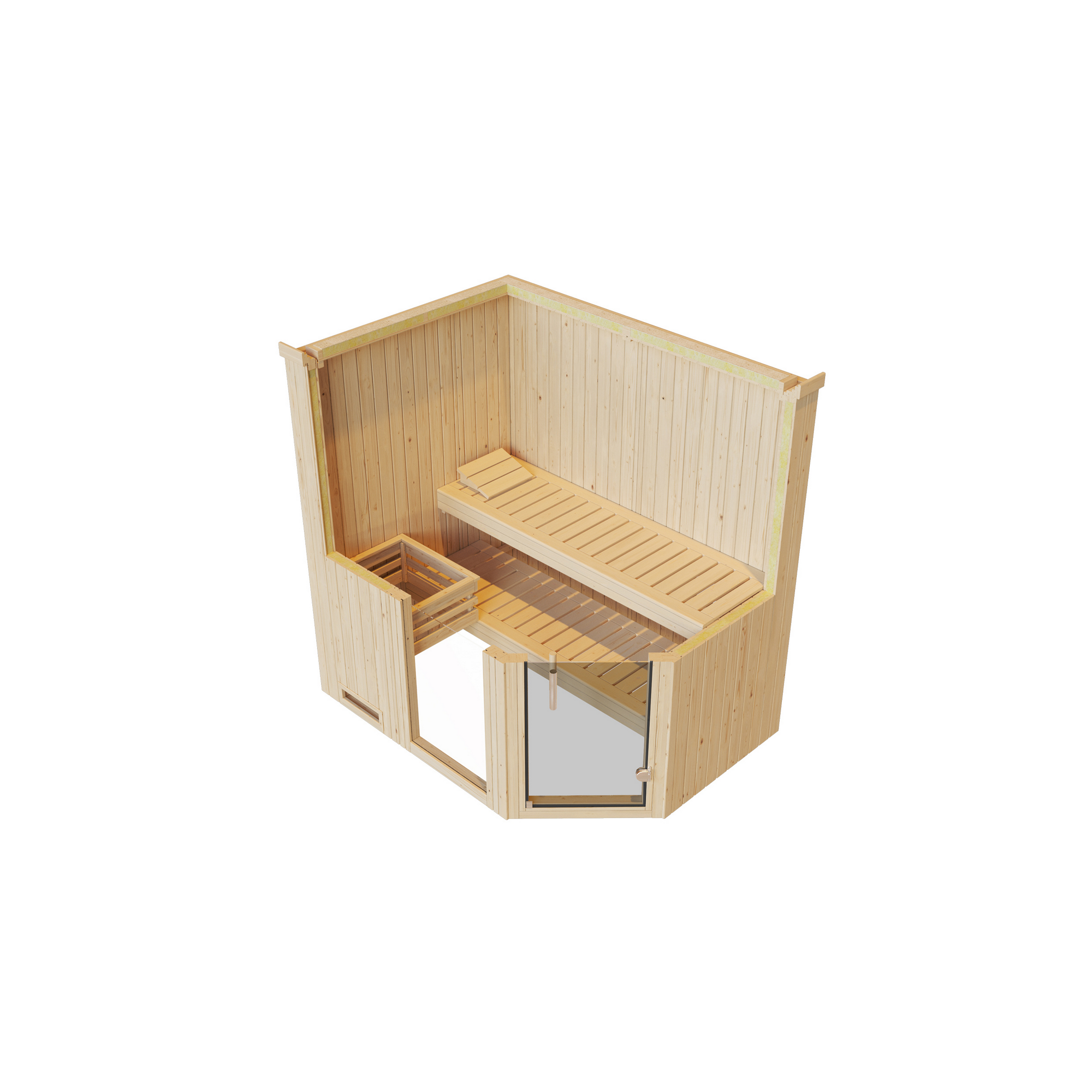 Elementsauna 'Varberg 1 Eck' weiß lasiert Glastür, Fenster 194 x 144 x 199 cm, ohne Ofen