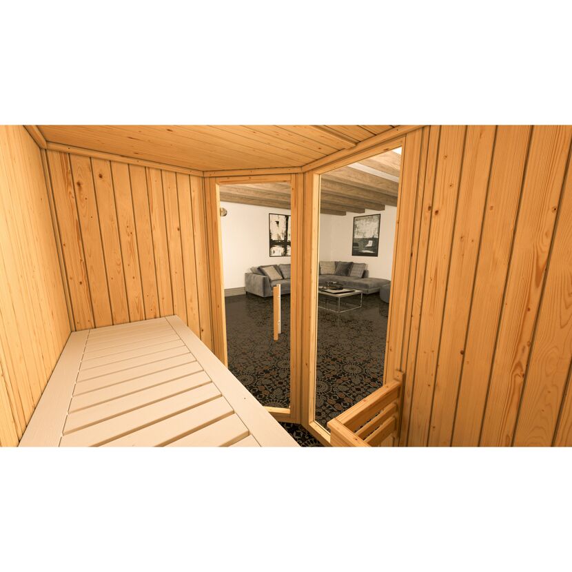 Elementsauna 'Varberg 1 Eck' weiß lasiert 7,5 kW OS-Ofen mit Steuerung Glastür, Fenster 194 x 144 x 199 cm