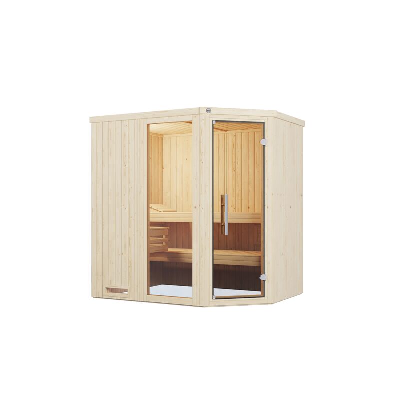 Elementsauna 'Varberg 1 Eck' weiß lasiert 7,5 kW BioS-Ofen mit Steuerung Glastür, Fenster 194 x 144 x 199 cm
