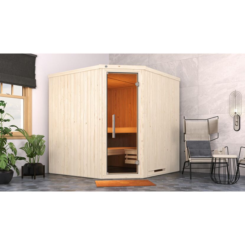 Elementsauna 'Varberg 3 Eck' weiß lasiert Glastür 194 x 194 x 199 cm, ohne Ofen