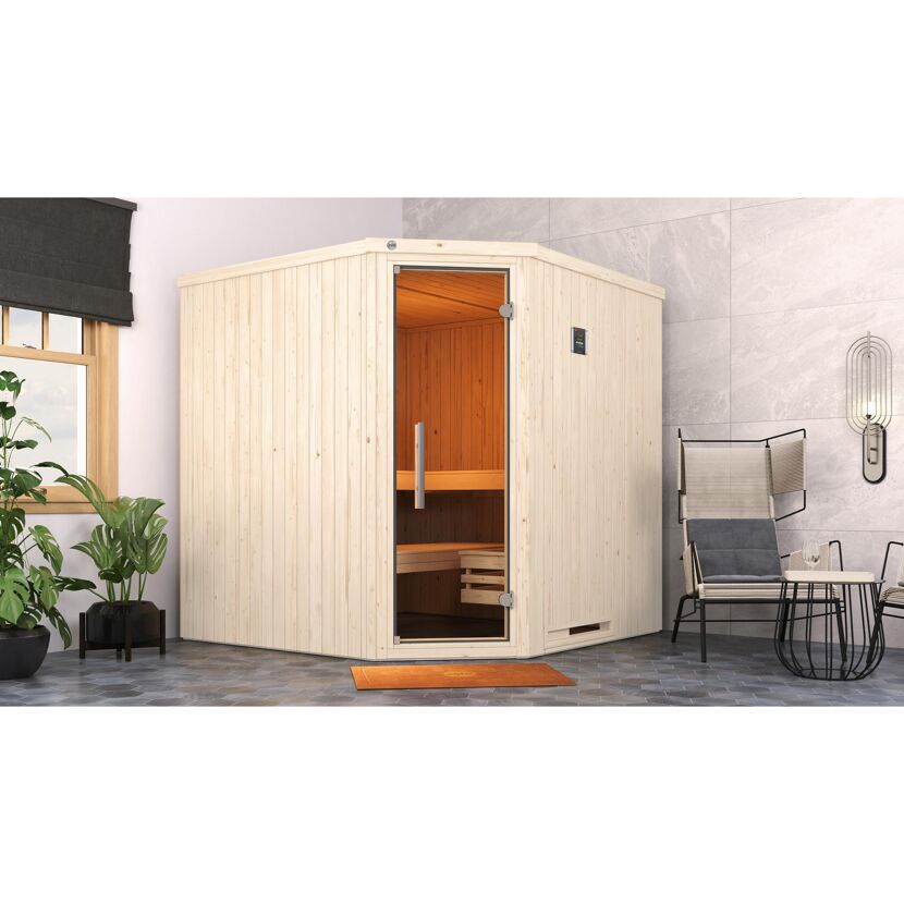 Elementsauna 'Varberg 3 Eck' weiß lasiert 7,5 kW OS-Ofen mit Steuerung Glastür 194 x 194 x 199 cm
