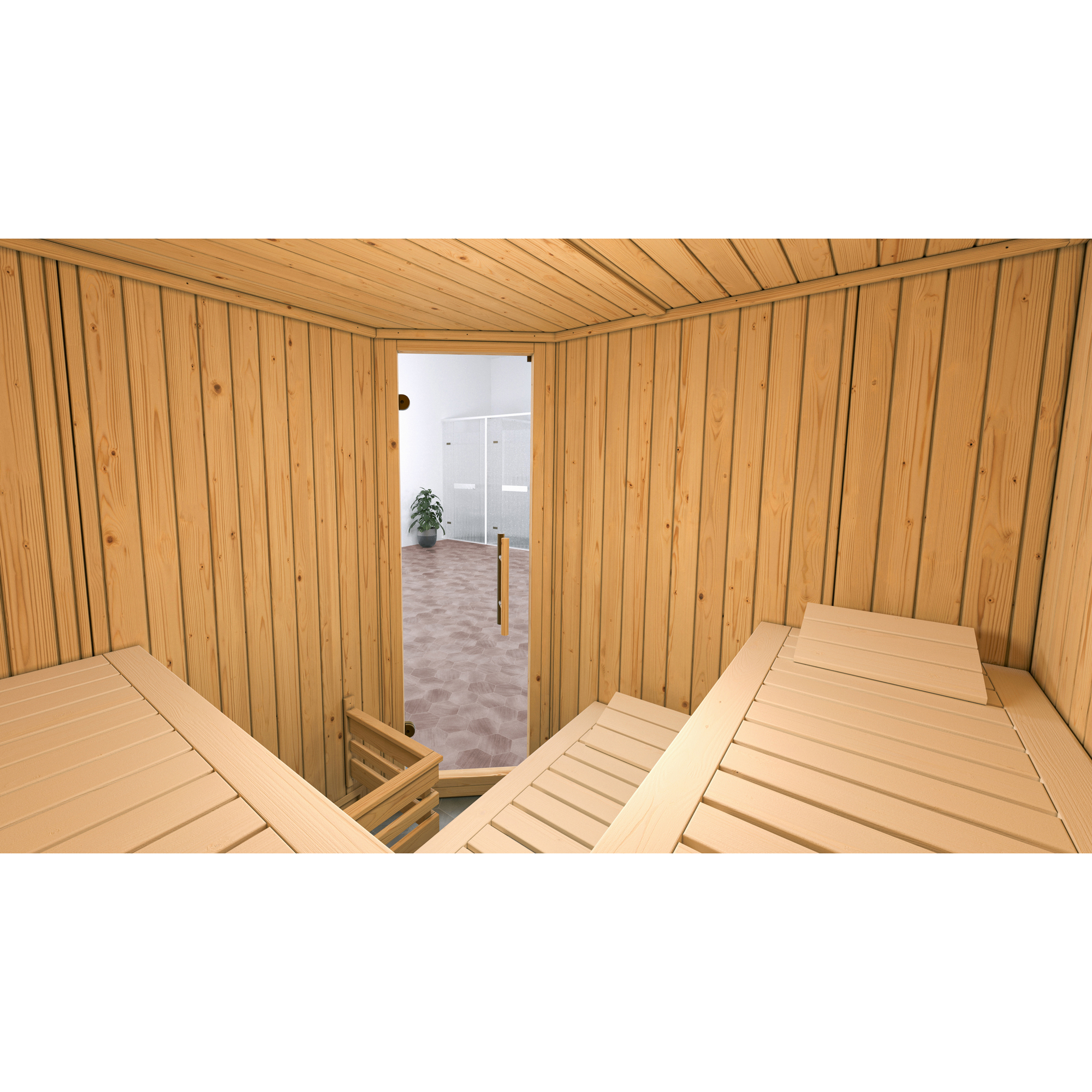 Elementsauna 'Varberg 3 Eck' weiß lasiert 7,5 kW OS-Ofen mit Steuerung Glastür 194 x 194 x 199 cm