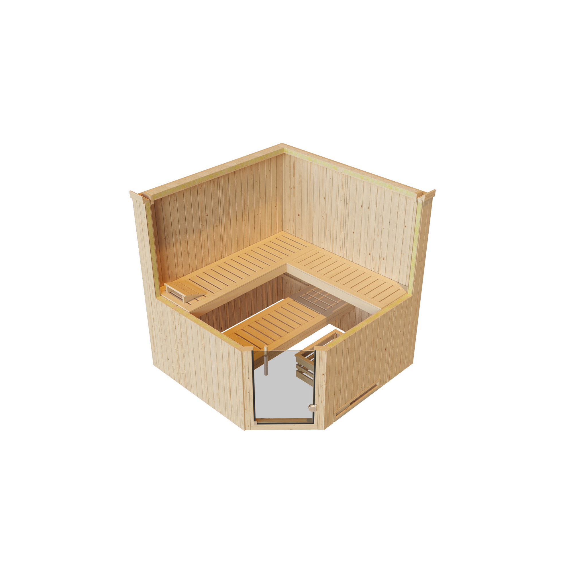Elementsauna 'Varberg 3 Eck' weiß lasiert 7,5 kW OS-Ofen mit Steuerung Glastür 194 x 194 x 199 cm