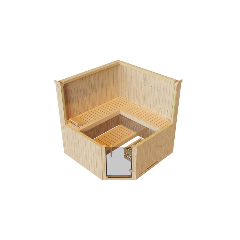 Elementsauna 'Varberg 3 Eck' weiß lasiert 7,5 kW OS-Ofen mit Steuerung Glastür 194 x 194 x 199 cm