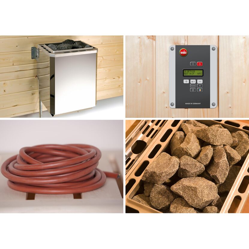 Elementsauna 'Varberg 3 Eck' weiß lasiert 7,5 kW OS-Ofen mit Steuerung Glastür 194 x 194 x 199 cm