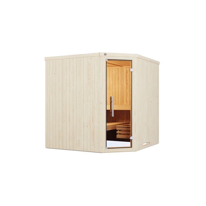 Elementsauna 'Varberg 3 Eck' weiß lasiert 7,5 kW BioS-Ofen mit Steuerung Glastür 194 x 194 x 199 cm