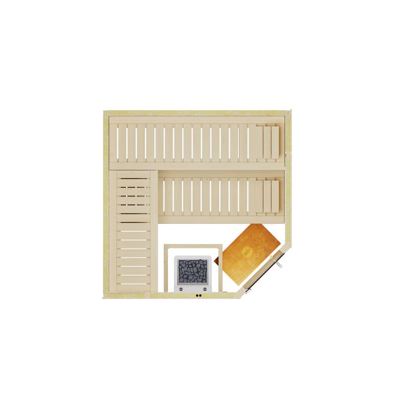 Elementsauna 'Varberg 3 Eck' weiß lasiert 7,5 kW BioS-Ofen mit Steuerung Glastür 194 x 194 x 199 cm