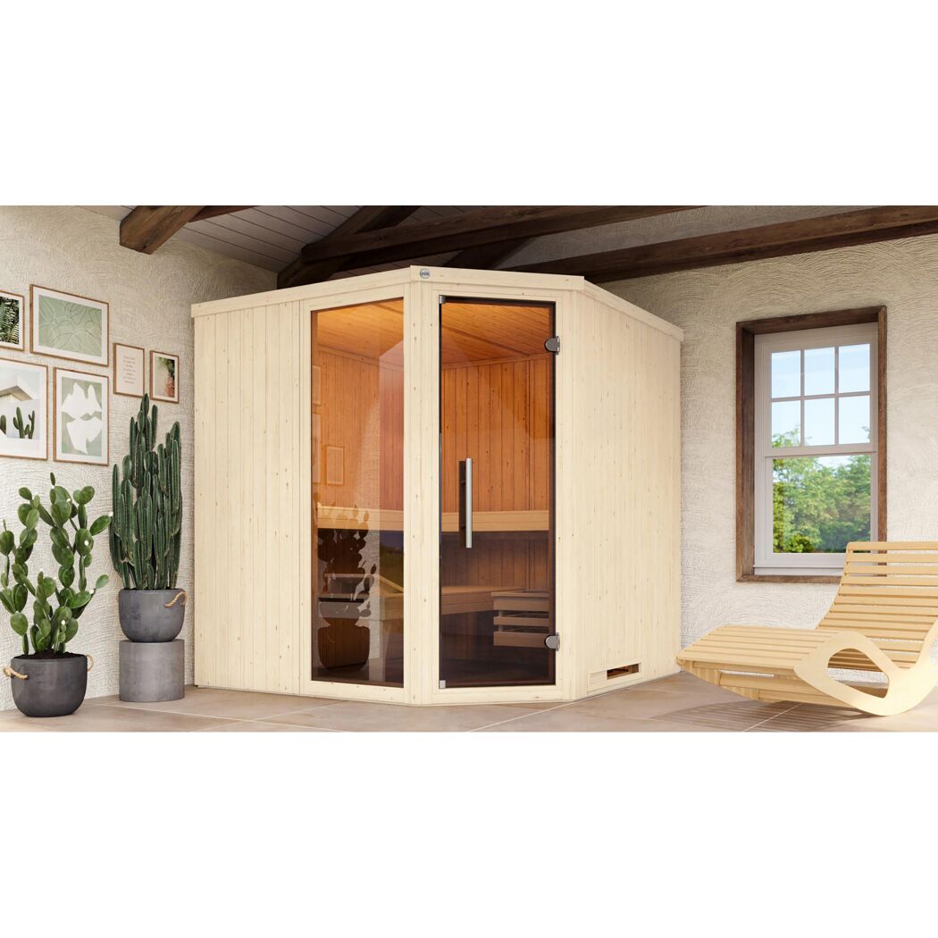 Elementsauna 'Varberg 3 Eck' weiß lasiert Glastür Fenster 194 x 194 x 199 cm, ohne Ofen