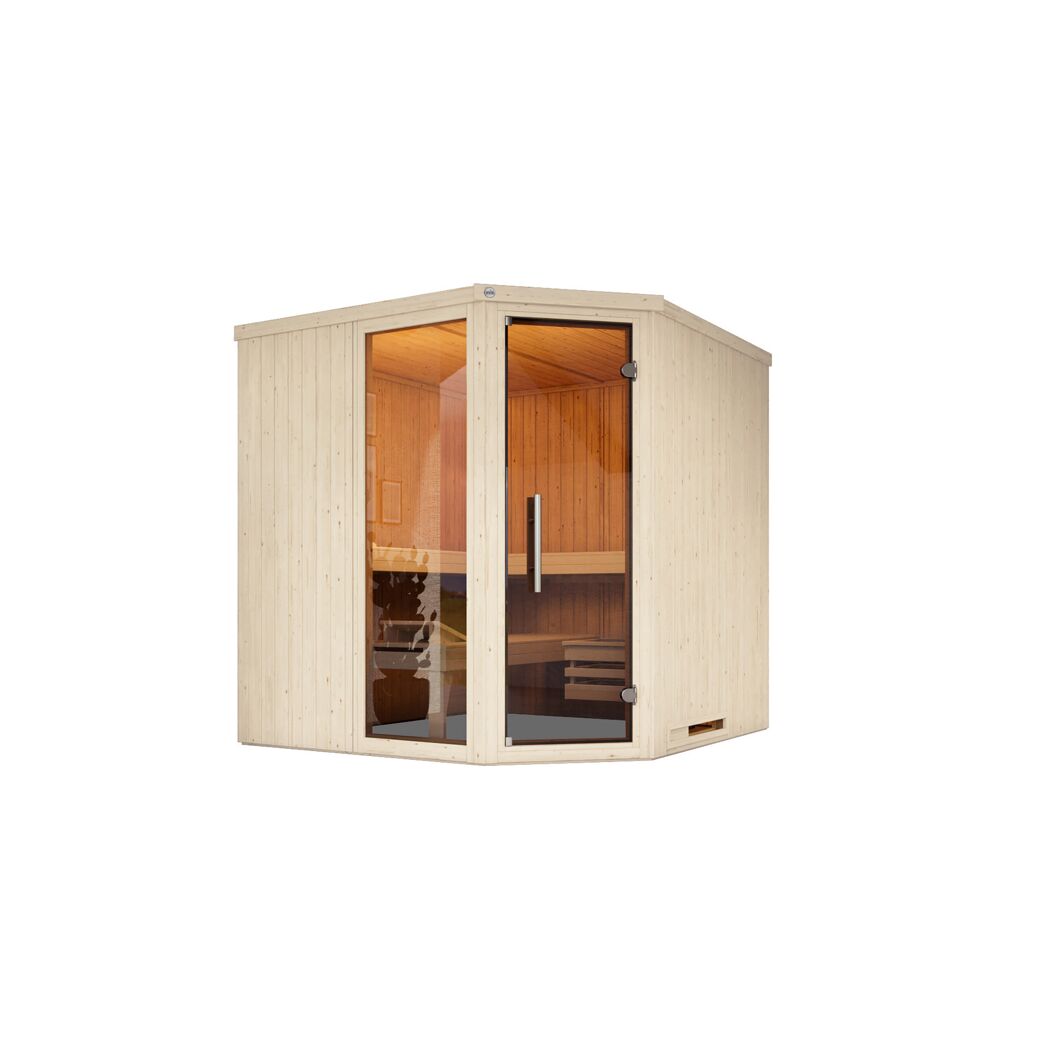 Elementsauna 'Varberg 3 Eck' weiß lasiert Glastür Fenster 194 x 194 x 199 cm, ohne Ofen