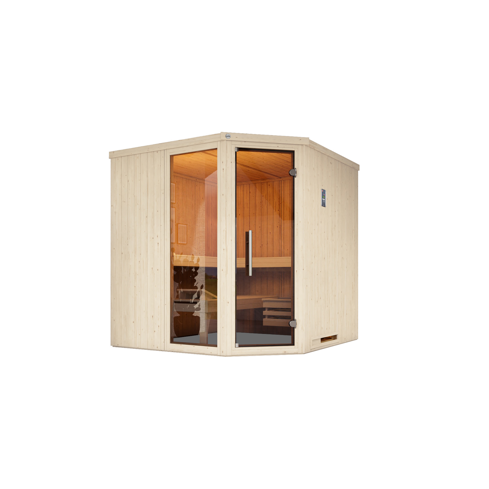 Elementsauna 'Varberg 3 Eck' weiß lasiert 7,5 kW BioS-Ofen mit Steuerung Glastür Fenster 194 x 194 x 199 cm