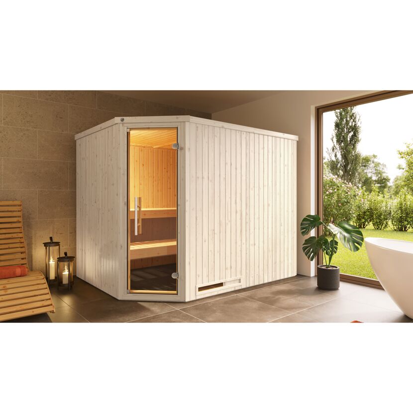 Elementsauna 'Varberg 4 Eck' weiß lasiert Glastür 244 x 194 x 199 cm, ohne Ofen