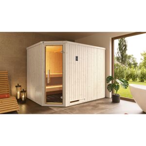 Elementsauna 'Varberg 4 Eck' weiß lasiert 7,5 kW OS-Ofen mit Steuerung Glastür 244 x 194 x 199 cm